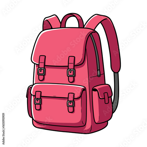 A pink backpack with buckles for college or travel an illustration against a white background ideal for school supplies and weekend adventures.