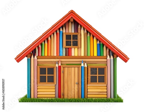 Colorful pencil house on grass