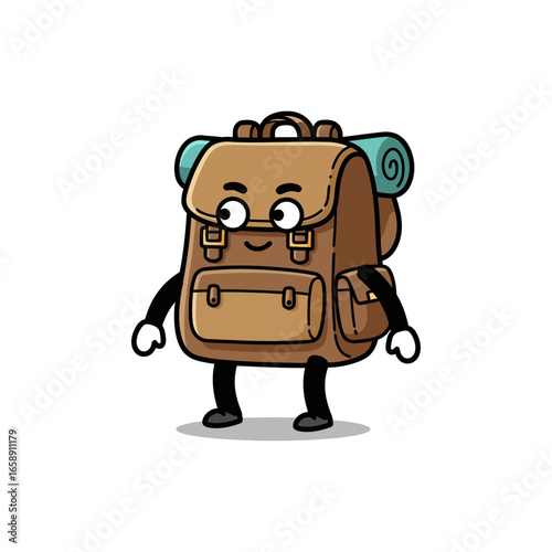 backpack character on an adventure walking happily with a sleeping bag perfect for travel blogs promoting outdoor fun and memorable getaways