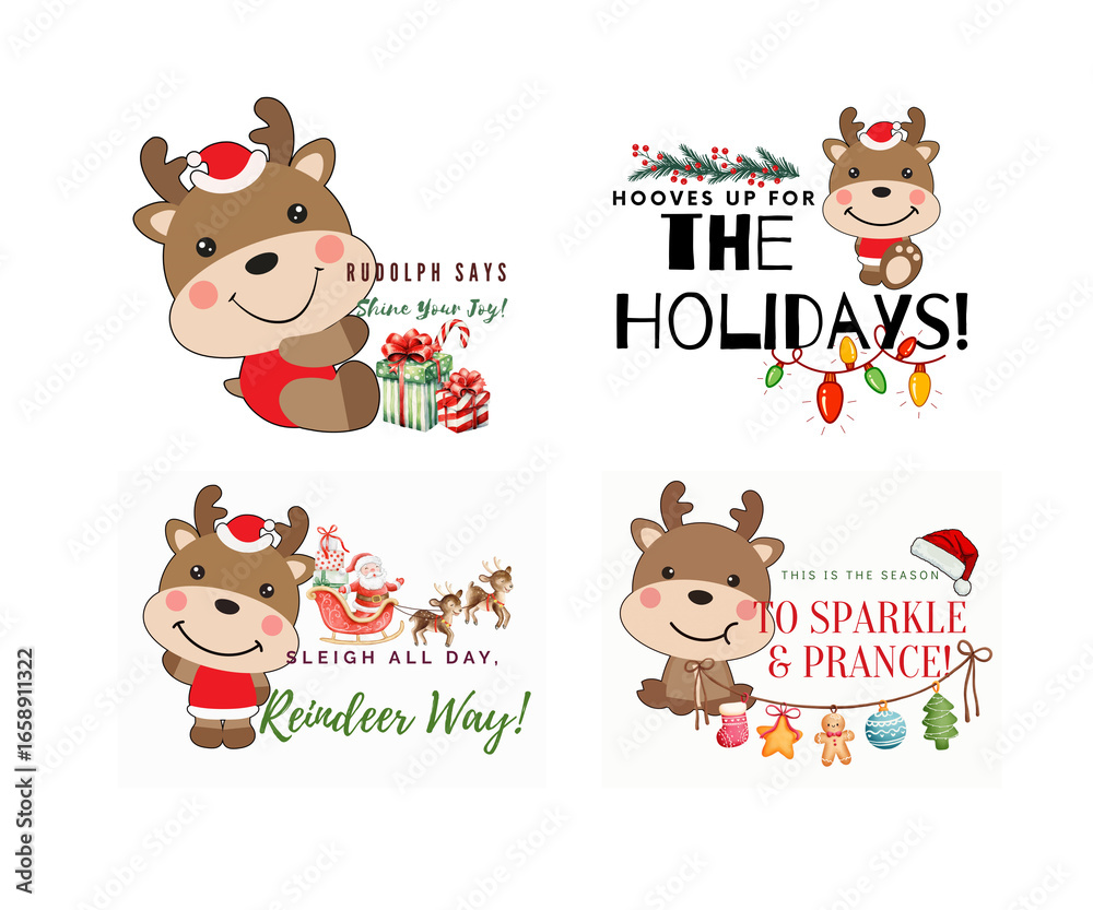 Obraz premium Cute Reindeer Christmas Clipart | Holiday Deer PNG Illustrations for Kids, Festive Winter Animal Digital Art