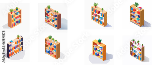 Isometric illustrations of various bookshelves with books and plants.