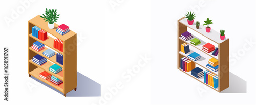 Two isometric bookshelves filled with colorful books and potted plants, isolated on a white background.