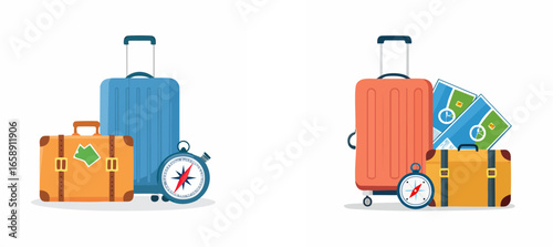 Two sets of travel luggage with compasses and tickets, representing travel planning and finances.