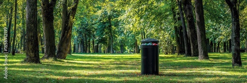 Lush park scene with a black trash can