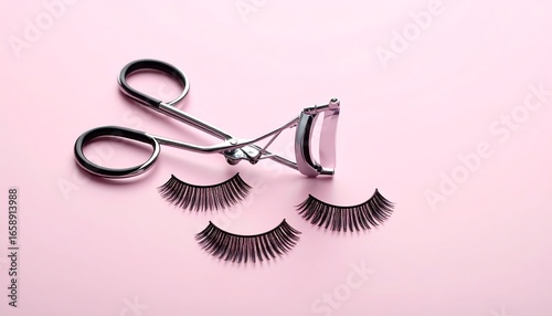 Eyelash curler and false lashes on pink