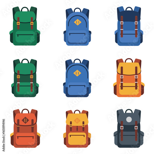 colorful backpacks collection featuring classic rucksacks for outdoor adventures and school ideal for adventure gear catalogs highlighting travel and exploration