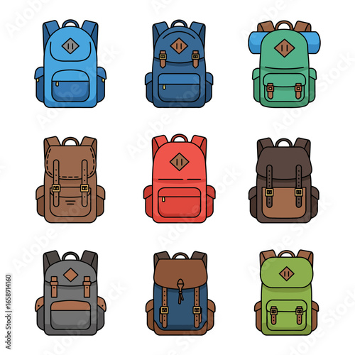 colorful backpacks illustration hiking camping and school rucksacks for adventure travel outdoor gear and everyday carry perfect for brochures and educational materials