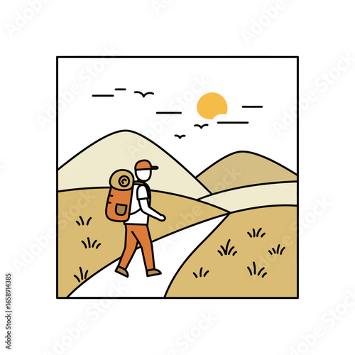 Hiker with a backpack walking on a mountain trail at sunset a scenic travel adventure perfect for illustrating outdoor activities hiking and peaceful solitude in nature.