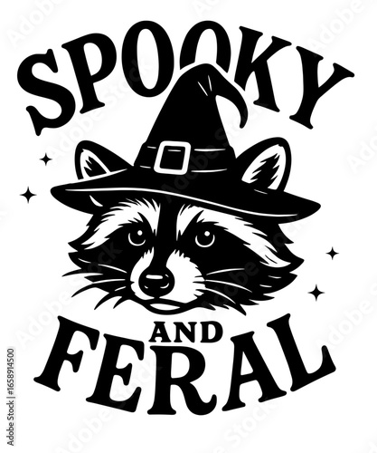 An enchanting, vintage-style illustration, a cunning raccoon wearing a witch's hat and exudes an air of playful mystery, ideal for Halloween-themed creations.