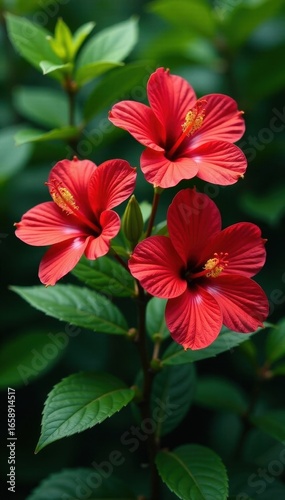 Three vibrant red hibiscus blossoms, lush green foliage , petals, vivid