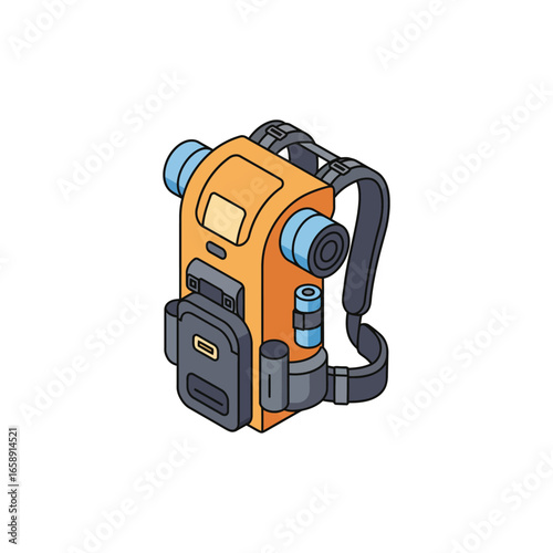 isometric backpack for carrying gear a compact orange and gray pack with blue accents designed for urban exploration and easy portability