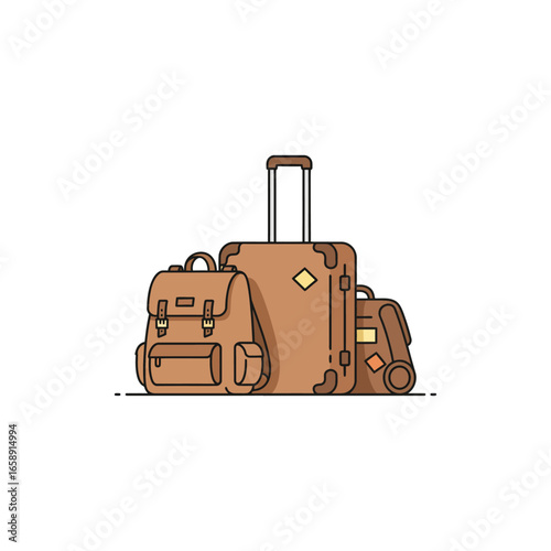 Travel luggage set illustration backpack suitcase and bag perfect for travel websites vacation planning guides and tourism marketing materials design.