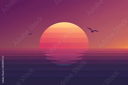 Minimalist Tropical Sunset with Seagulls and Deep Orange Sun
