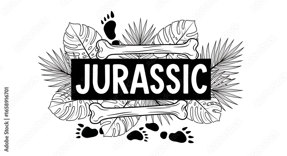 Fototapeta premium Jurassic period illustration with bones, leaves and footprints vector art