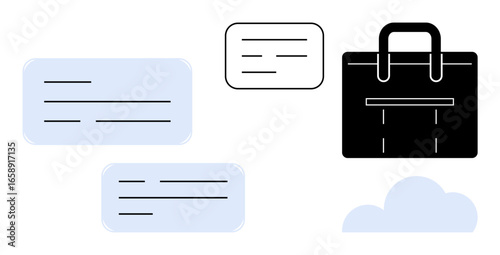 Black briefcase, blue and white text notes, cloud illustration, digital and physical organization themes. Ideal for productivity, organization, business, digital tools, cloud storage networking