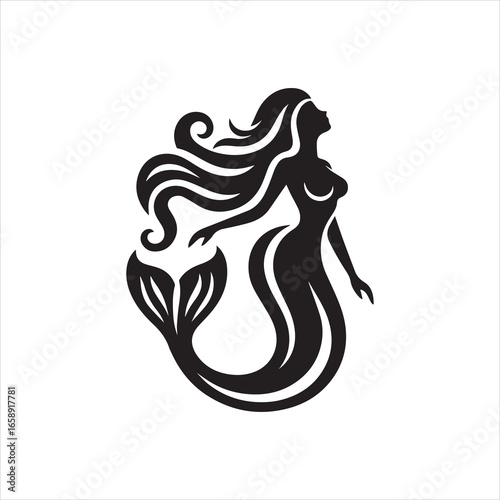 Elegant Mermaid Silhouette with Flowing Hair and Stylized Tail Fin.