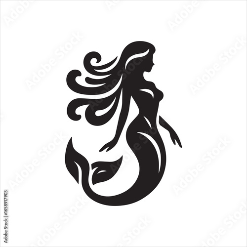 Elegant Silhouette of a Mermaid with Flowing Hair and LeafShaped Tail.