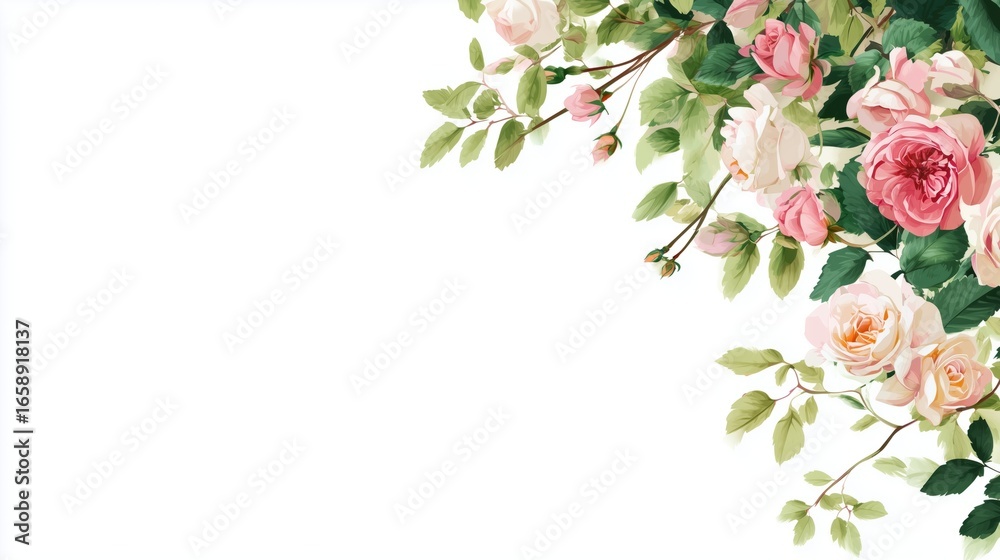 Fototapeta premium delicate roses floral pattern on right side with white background