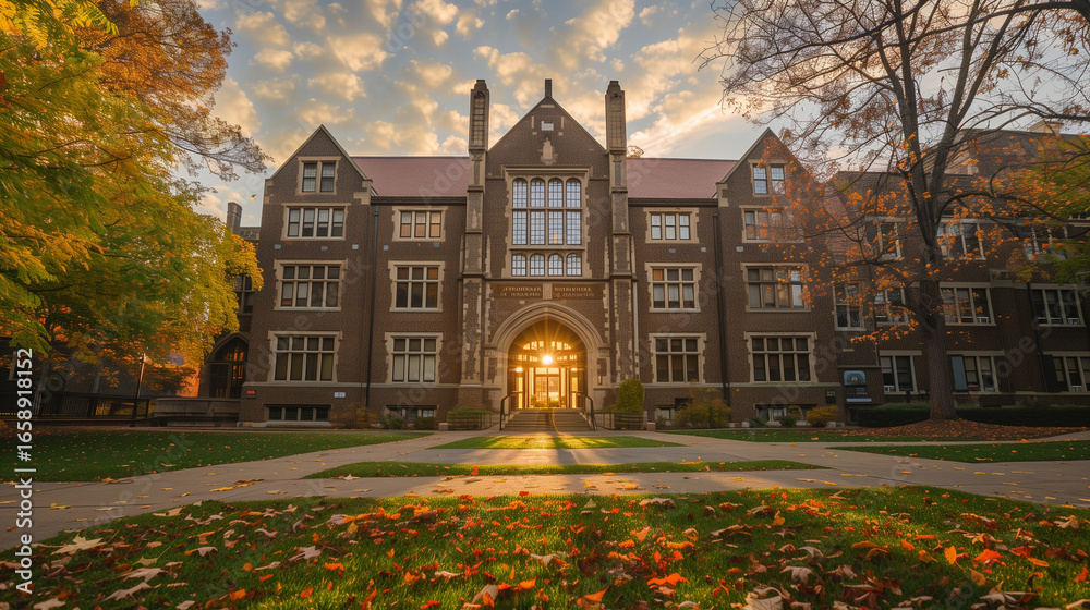 Obraz premium Historic university or college building with a beautiful stone facade and archway with fallen autumn leaves and sun flare