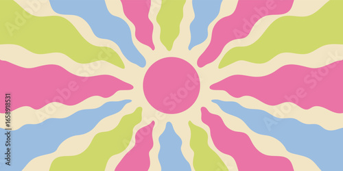 Groovy retro sun burst wave background with a bold burst of color. sun in horizontal format shines with sunshine rays and y2k burst style. Vibrant sun theme for modern creative visuals.