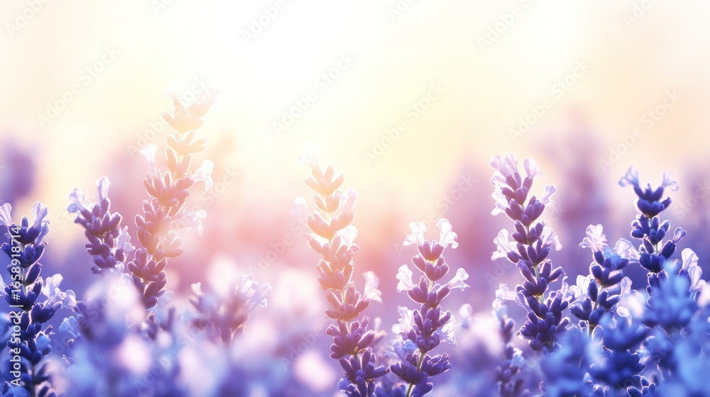 Naklejka premium Sunlit lavender field in dreamy pastel tones creating a serene atmosphere perfect for relaxation