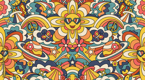 Cosmic 70s style seamless pattern. Abstract vector illustration.