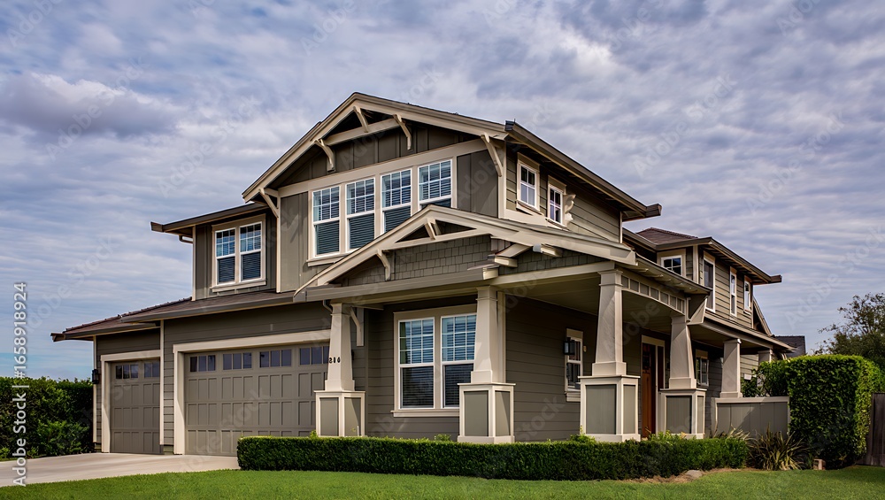 Obraz premium Beautiful Suburban Two Story House with Large Windows and Attached Garage