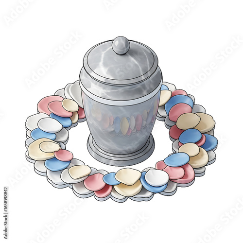 Silver urn with petals symbolizing cremation and eternal memory.