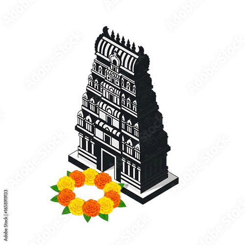 Temple with floral offerings symbolizing ritual.