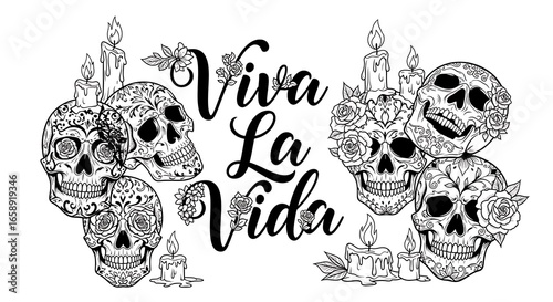 Viva la Vida Illustration with Decorative Skulls and Candles