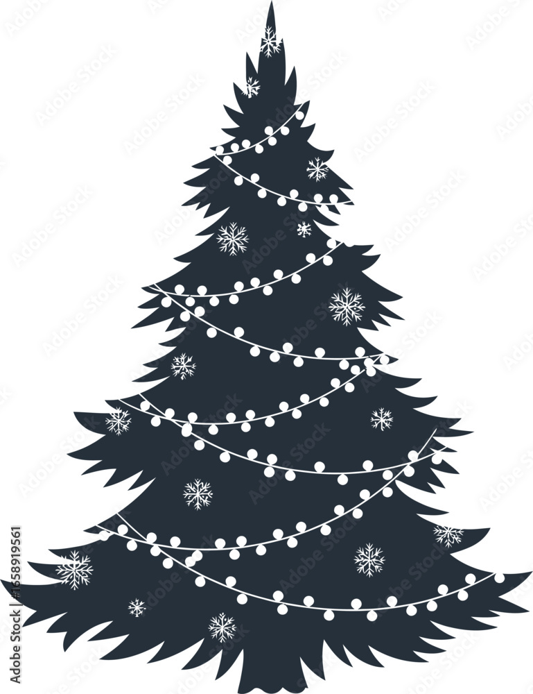 Obraz premium A dark silhouette of a festive Christmas tree decorated with string lights and snowflake ornaments against a white background.