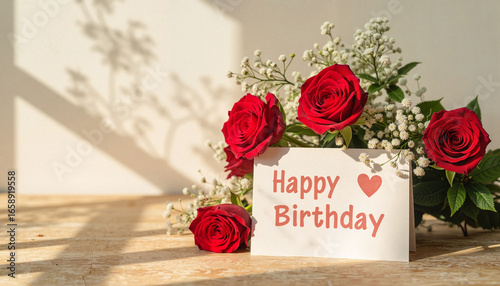Red roses celebrating birthday against wooden table background with copy space 