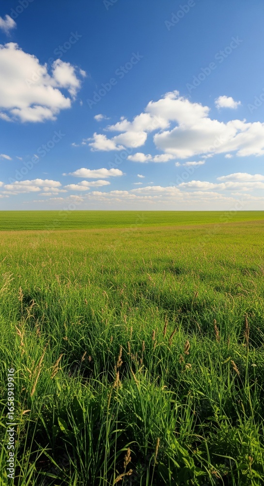 Fototapeta premium Landscape view of green grass field with blue sky background.