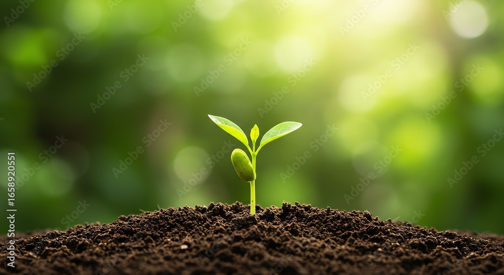 Fototapeta premium Seedling growing from soil with sunlight