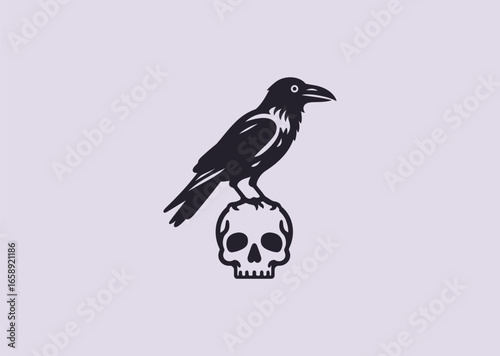 A striking crow perched on a skull logo in clean line art, representing mystery, wisdom, and dark elegance.