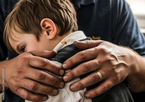 Father with grease-stained hands embracing child in school uniform, imperfect love close-up