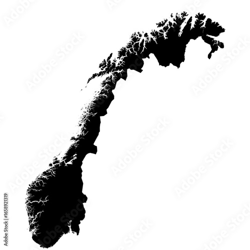 Editable black vector silhouette map of Norway, showing its long, narrow shape with a rugged western coastline intricately detailed by numerous fjords and inlets.