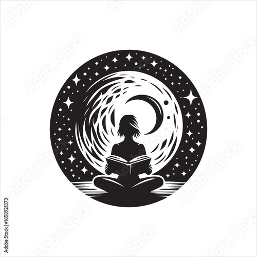 Silhouette of a Person Reading Under a Celestial Moon.
