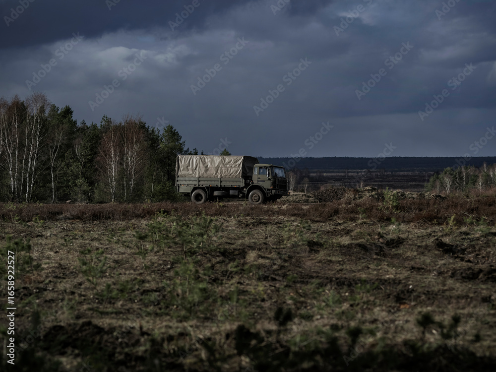 Obraz premium Military truck positioned on heathland terrain with dramatic cloudy sky background