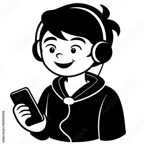 Vector art of boy listening to music on his phone with headphones