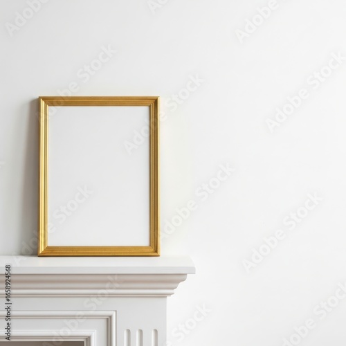 Elegant gold ornate frame displayed on a white fireplace mantelpiece, creating a clean and bright space for mockup artwork