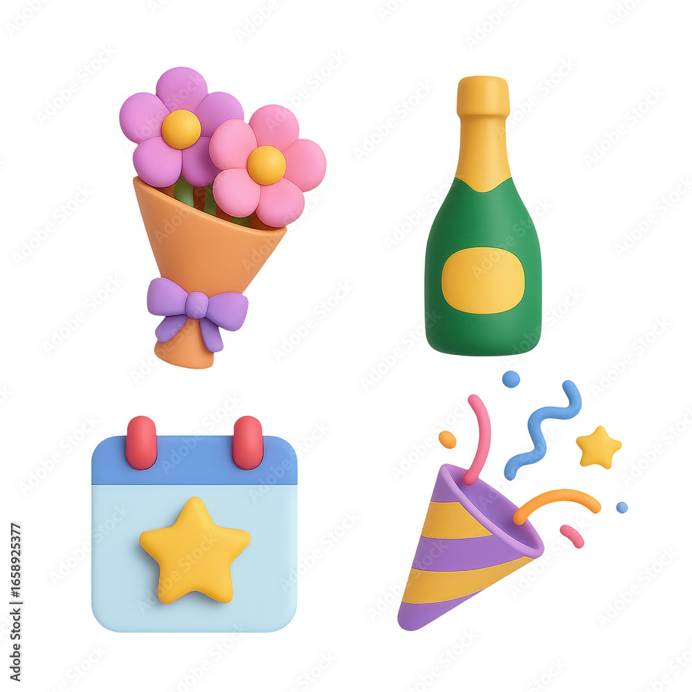 Celebration Elements: A vibrant illustration featuring celebratory icons, including a bouquet of flowers, a bottle of champagne, a calendar, and a party popper. Celebration Elements: A vibrant illustration featuring celebratory icons, including a bouquet of flowers, a bottle of champagne, a calendar, and a party popper.
