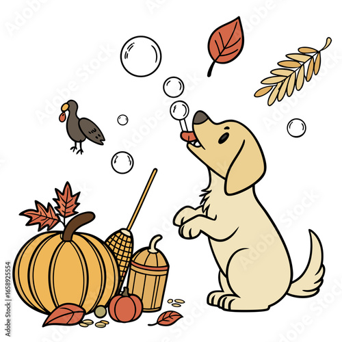Delightful Bashful Golden Retriever in a Thanksgiving scene with blowing bubbles – Harvest Blessings vector illustration
