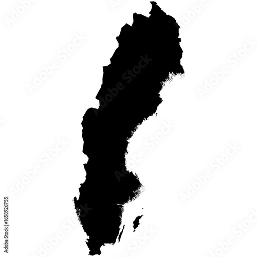 Editable black vector silhouette map of Sweden, highlighting its long, narrow shape with a jagged western border and detailed eastern coastline.