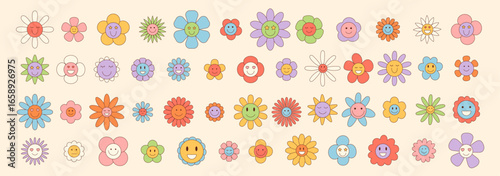 Groovy retro cute flower sticker set in colorful y2k doodle style with happy smile and playful daisy shapes. Groovy element adds fun and pop mood, perfect for creative sticker or wallpaper