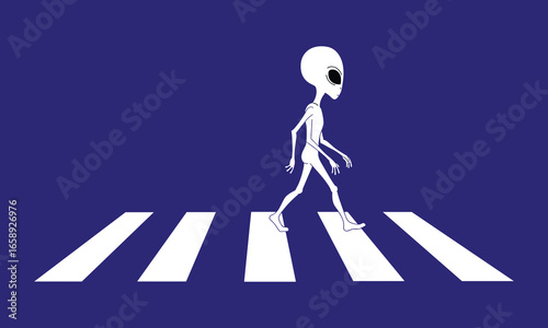 Alien walking on zebra crossing, funny pedestrian concept, sci-fi road safety art