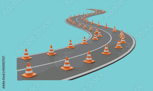 Curved road with traffic cones, construction safety barrier, highway warning lane sign