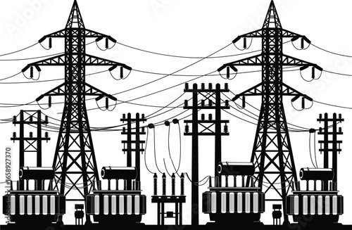High voltage power lines, electrical substation, transformers, energy distribution, infrastructure, utility poles