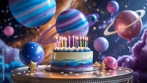 Celebrate a stellar birthday with this space-themed cake and planet balloons for an out-of-this-world party