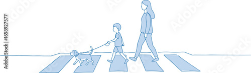 Mother child and dog walking, crossing zebra crosswalk, line art safety illustration